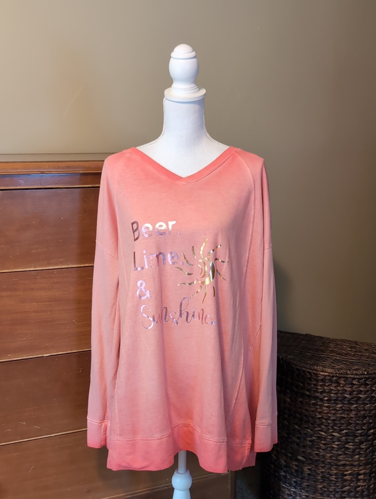 Beer. Tequila. Sunshine Coral Ombre Sweatshirt With Metallic Sun Graphic Xxlt